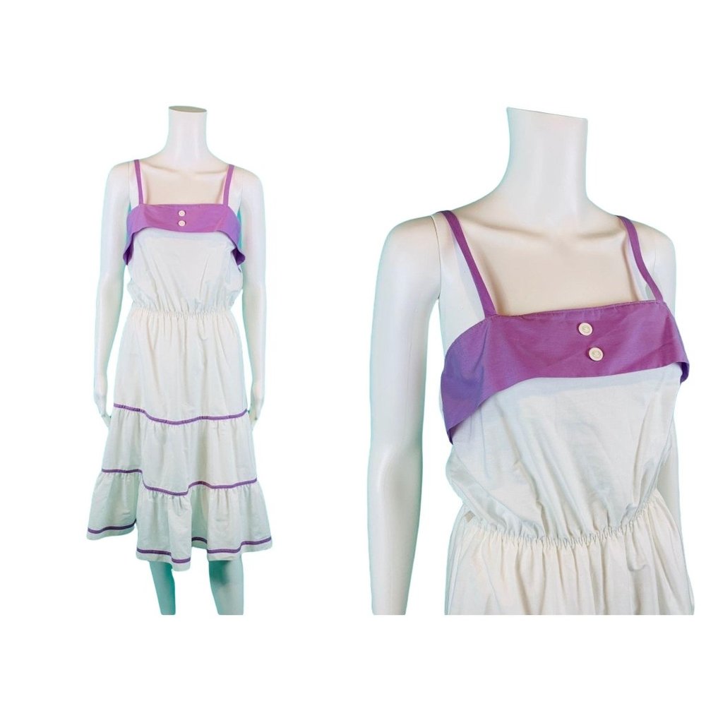 Vintage 80s Prairie Dress Womens Small Purple White Tiered Skirt Sundress